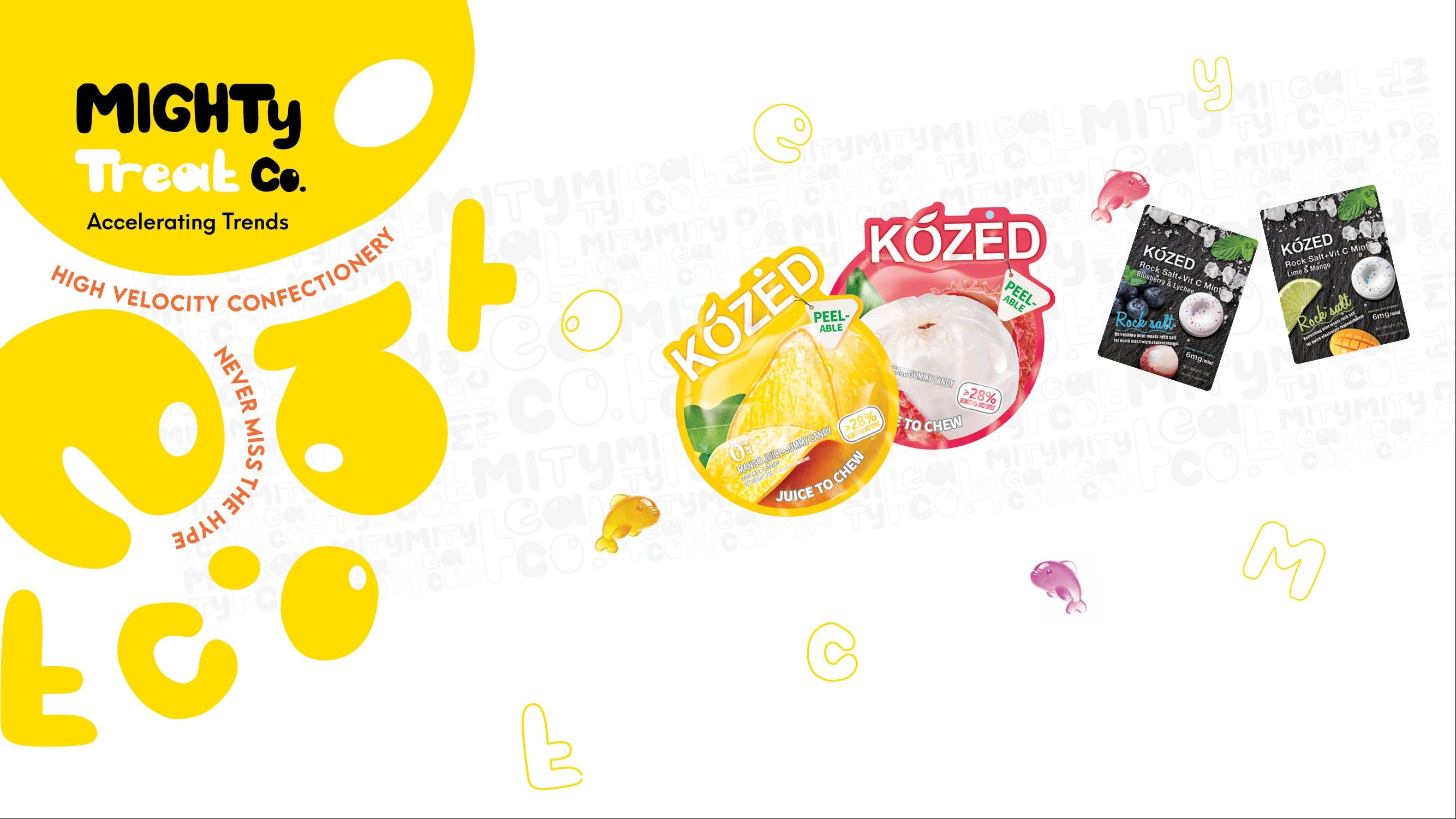 Promotional graphic for Mighty Treat Co. with product packaging and branding elements.
